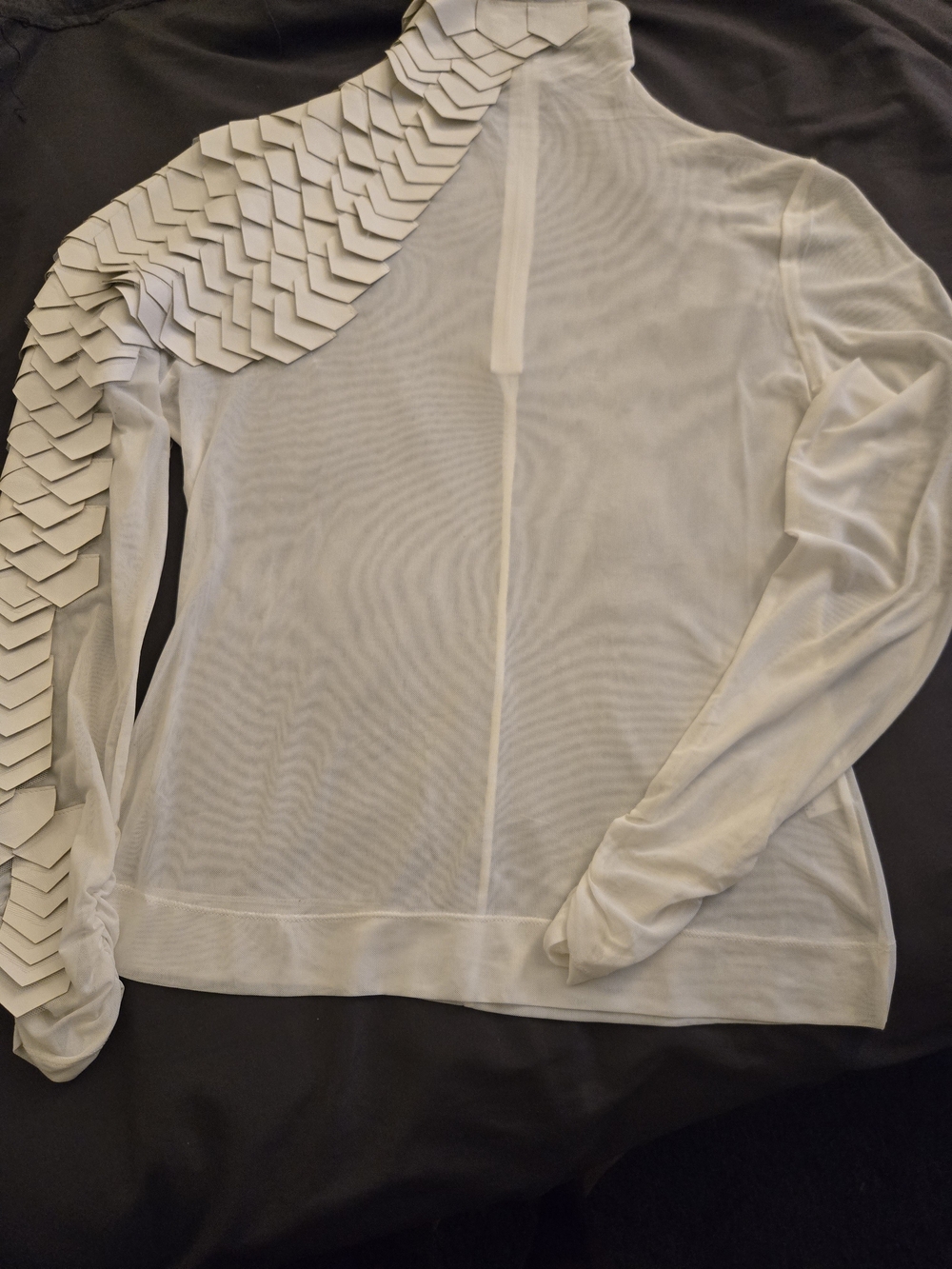 Women's White Mesh Long-Sleeve Blouse with Decorative Shoulder